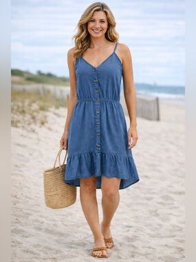 Speed Control Chambray Dress High Low Button Front Tiered Cotton Blue Boho M